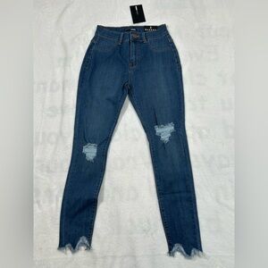 Fashion Nova Well Played Jeans in Medium Blue Wash size 3 Distressed Rip Knees